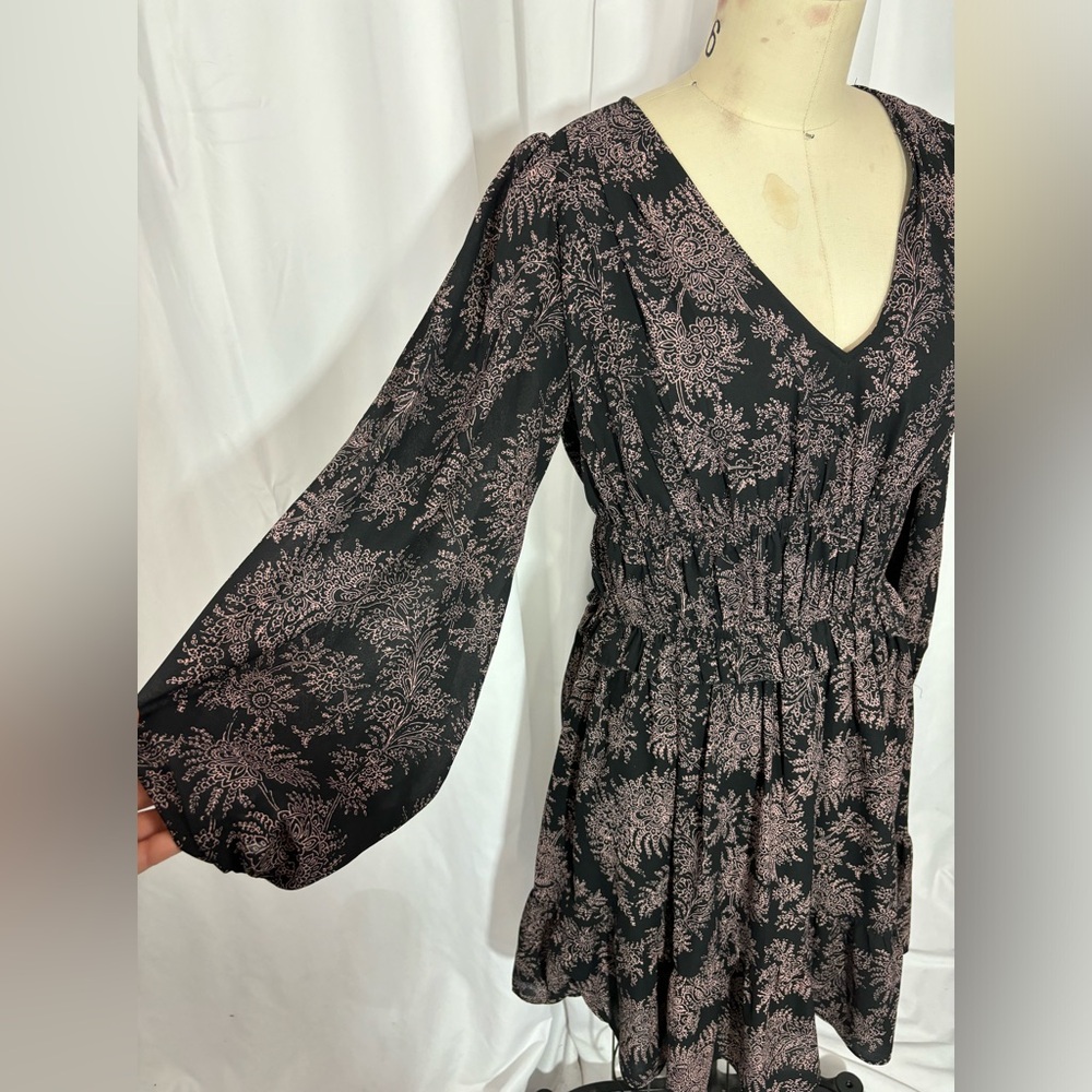 Ann Taylor Black Pink Floral Ruched Babydoll Dress 0 XSmall